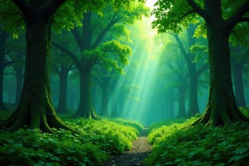 Fototapeta premium Verdant forest with towering trees and lush greenery, botanical, verdant, plant life