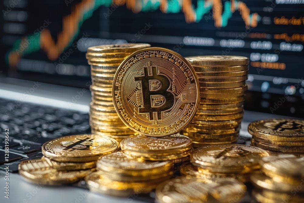 Poster laptop displaying bitcoin coin symbolizing digital currency investment
