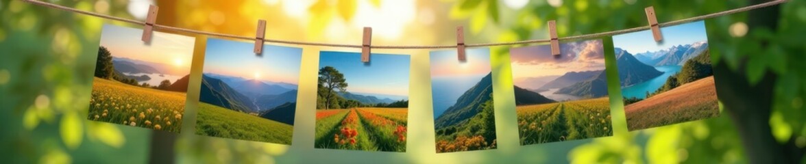 Fototapeta premium Overlapping landscape photos strung on a clothesline , wind-blown objects, outdoor photography