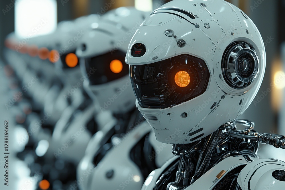 Poster futuristic robot with a red light emitting from its mechanical body