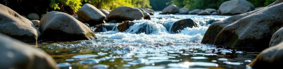Rocky riverbank with water flowing over rocks, flow, landscape, natural