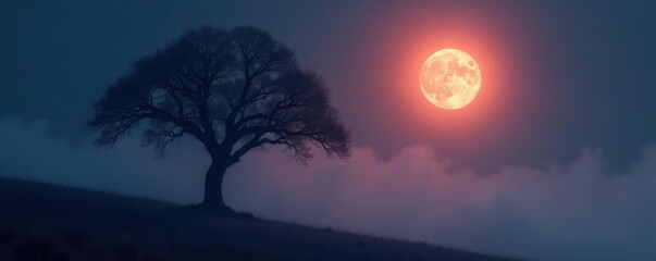 Fototapeta premium Dense fog surrounds a solitary tree with a glowing full moon above,, mystical scene, full moon