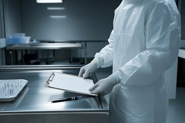 Criminal investigation pathologist preparing an autopsy in a sterile morgue. Featuring professionalism and care