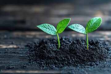 Two young green plants emerging from dark sphagnum soil in nature