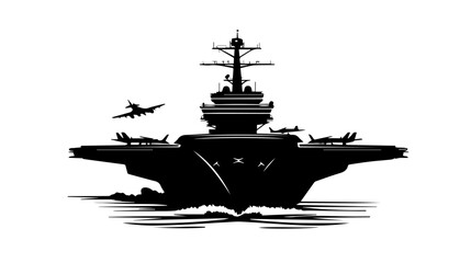 Black and white illustration of a warship. Aircraft carrier.