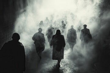 Mysterious Figures Walking Through Fog in Dark Alleyway at Dusk with Soft Lighting and Shadows