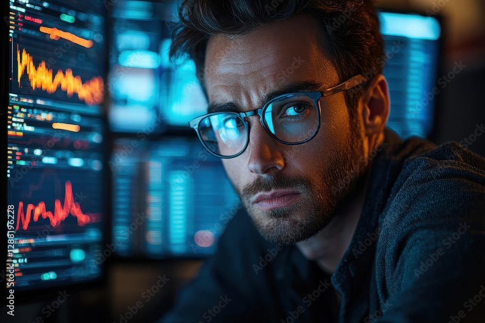 Aufkleber man intently looking at a computer screen analyzing financial information