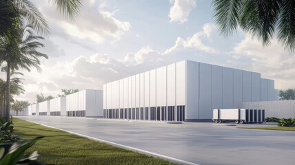 Modern industrial warehouse with clean design and palm trees