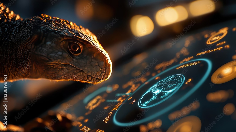 Poster earth day environmental idea. an intricate close-up of a dinosaur interacting with futuristic techno