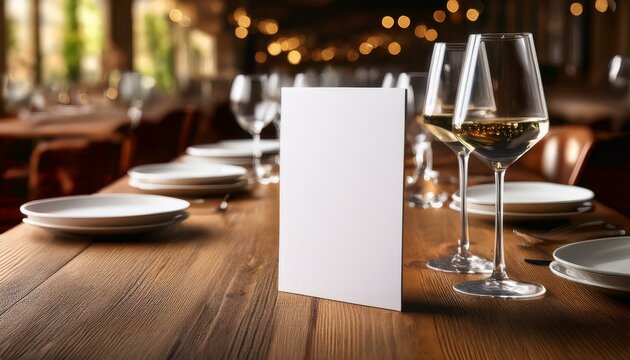 blank white menu card on a rustic wooden table with wine glasses and plates out of focus
