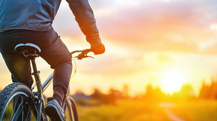 Cyclist riding bike at sunset on scenic country road