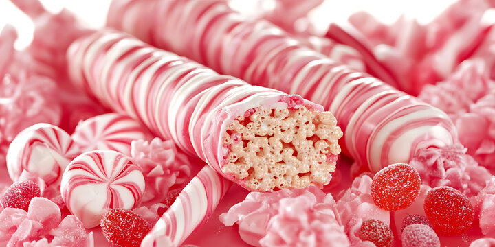 Pink and white striped candy logs and assorted sweets one log cut open showing puffed rice.