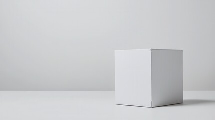 Minimalistic white cube on a clean background, ideal for design and branding purposes, with strong geometric lines.