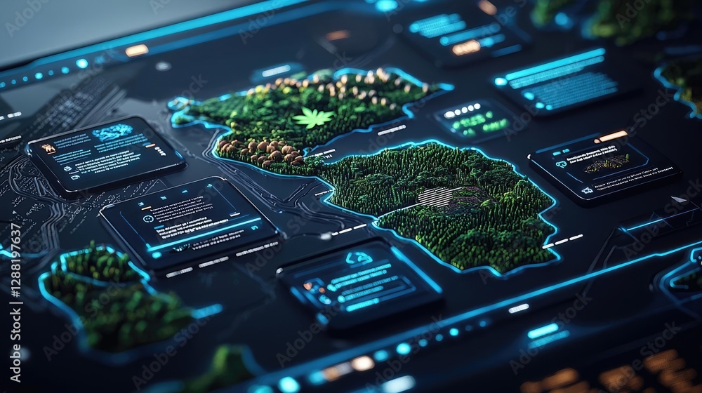 Poster Earth day environmental concept. Futuristic digital map showcasing advanced technology and data visualization.