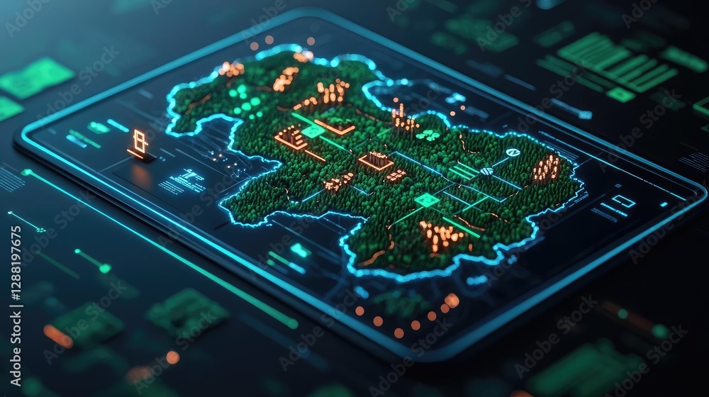 Poster earth day environmental concept. futuristic digital map interface with glowing elements and data vis