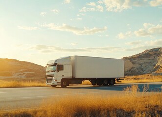 White truck on the highway, side view of a white lorry with a cargo trailer driving along an asphalt road on a sunny day, wide angle,