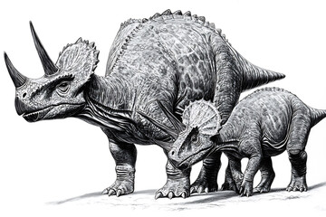 Fototapeta premium Monochrome drawing of an adult Triceratops standing protectively next to a younger smaller Triceratops.