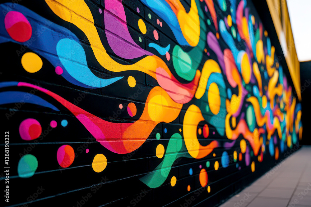 Poster vibrant mural showcasing colorful abstract patterns and shapes.
