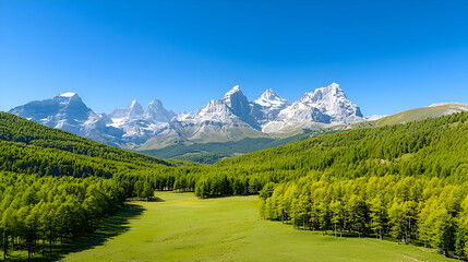 Obraz premium Snow Capped Mountain Peaks and Lush Green Valley Landscape