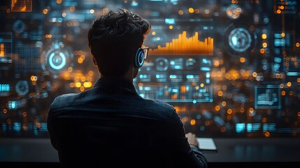 Digital Analyst: A focused individual, immersed in a sea of data, navigates a complex digital interface, analyzing the flow of information and seeking patterns amidst a vibrant, luminous background.