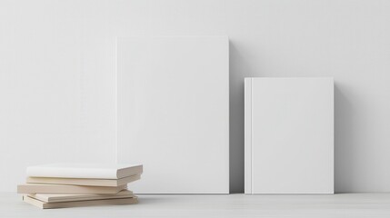 Mockup of blank canvas and books against a white wall, ideal for design and branding presentations.