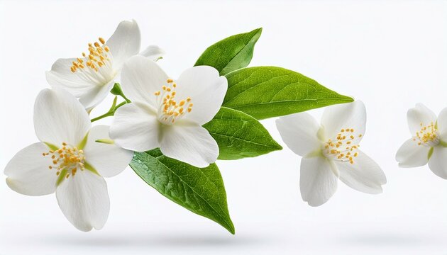 Jasmine bloom A beautifull white flower of Jasmine falling in the air isolated on white background Levitation or zero gravity concept High resolution image : Generative AI