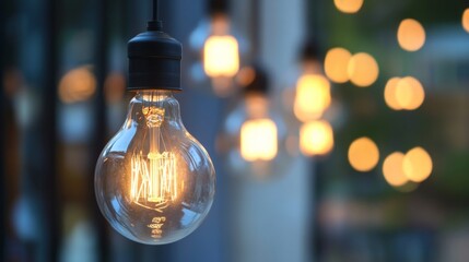 Glowing light bulb close-up illuminating cozy ambient atmosphere in warm evening setting