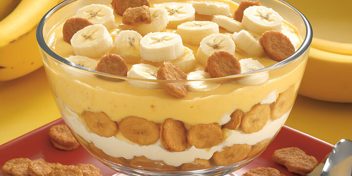 A layered banana dessert in a glass bowl featuring slices of banana cookies and creamy custard on a yellow background.