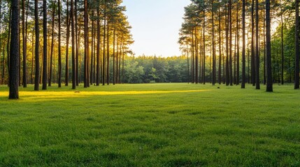 Earth day environmental concept. A serene forest landscape with tall trees and vibrant green grass at dawn.