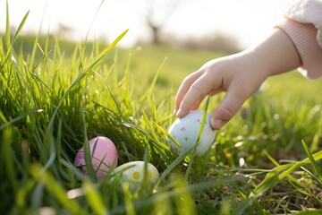 Child hand pick Easter egg from grass. Spring holiday egg hunt