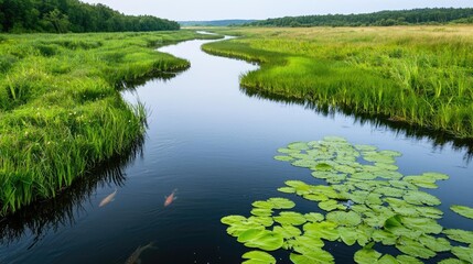 Earth day environmental concept. A serene river flows gently through lush green vegetation under a clear blue sky.