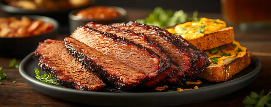 Slices of smoked beef brisket served with cheesy toast arranged on a dark plate on a wooden table.