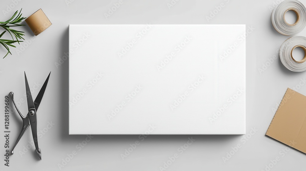 Poster top view of blank canvas on a table, surrounded by craft tools, ready for creative design projects a