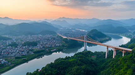 Sunrise Over River Valley with Bridge and Cityscape