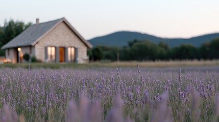 Lavender field in front of a stone house at dusk