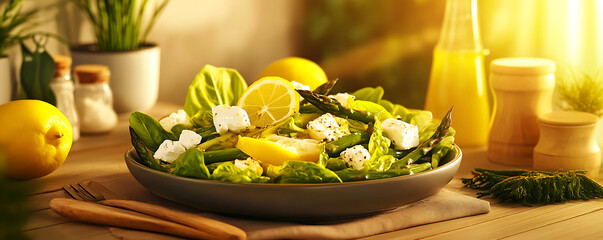 Bright and fresh salad of asparagus feta cheese and lemon on a rustic wooden table with sunlight.