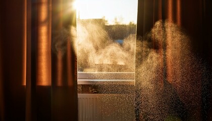 Flying dust at home in the sun on a background of dark curtains.