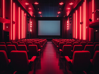 Fototapeta premium Modern cinema interior with red lighting and empty seats