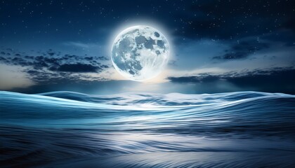 Ethereal light waves illuminating a serene night, the full moon glowing with supernatural brilliance