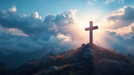 Stone Cross Stands on Hill. Bright Sun Shines Through Clouds. Religious Symbolism. Easter Image. Faith Concept. Church Background. Beautiful Sky. Light Rays. Top of Mountain.