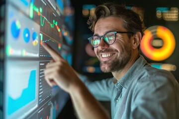 Enthusiastic Caucasian man analyzing data on a digital screen, showcasing a blend of technology and business insight.