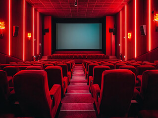 Modern cinema interior with red seats and screen