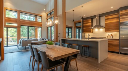 Open-Concept Modern Kitchen with Wooden Accents and Inviting Dining Space 