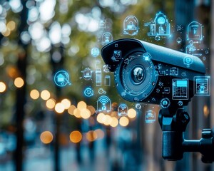 Smart security camera, city park, night, surveillance