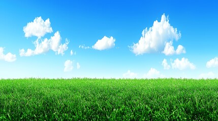 Obraz premium Vibrant Green Grass Field Under a Bright Blue Sky with Fluffy White Clouds