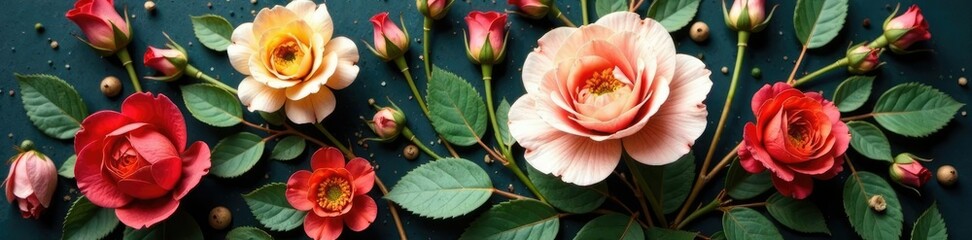 Fototapeta premium Vintage flower press with dried rose and foliage, foliage, nature, flowers press