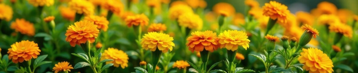 Fototapeta premium Bush of yellow and orange marigold flowers with red accents, nature, yellow, foliage