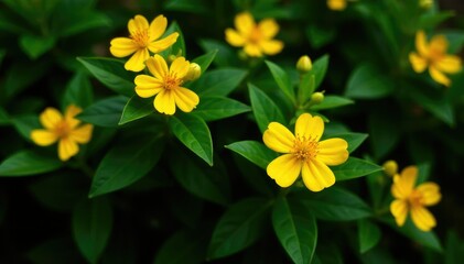 Obraz premium Bush with bright yellow flowers and dark green foliage, blossoms, foliage, nature