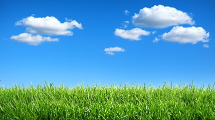 Obraz premium Vibrant Green Grass Field Under a Clear Blue Sky with Fluffy White Clouds