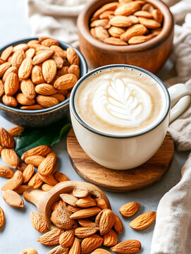 Almond beverage with latte art surrounded by bowls and a scoop of almonds on a neutral surface.
